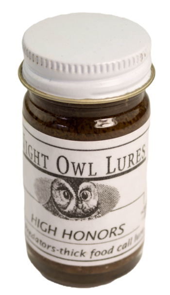 A small jar labeled "Night Owl High Honors Lure" features an owl illustration and contains predator trapping lure.