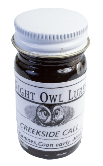 The "Night Owl Creekside Call Lure" in a small jar is ideal for attracting canines and minks, with an owl image label.