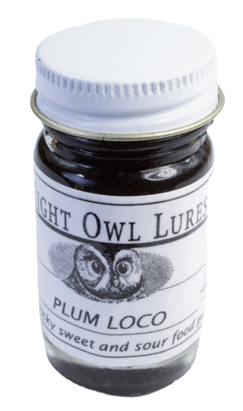 A small jar labeled "Night Owl Plum Loco Lure" with an owl image, containing a sticky sweet and sour coon lure.