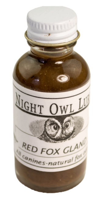 A small glass bottle labeled "Night Owl Red Fox Gland Lure" with an owl illustration, containing brown liquid.