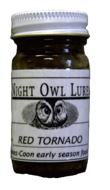 Jar labeled "Night Owl Red Tornado Lure" with an owl illustration, containing early season raccoon food lure.