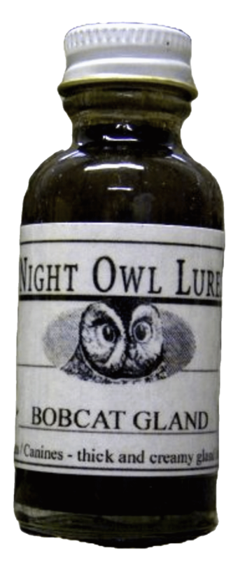 A small bottle labeled "Night Owl Lures Bobcat Gland" features an owl and contains a thick, creamy liquid.