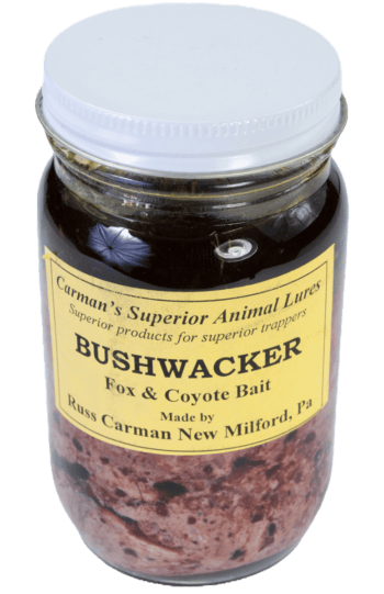 Carman's Bushwacker Bait jar with yellow label, ideal for fox and coyote trapping with its dark contents.