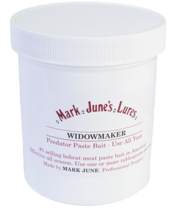 Container of Mark June's Widowmaker Paste Bait, a top-selling bobcat trapping bait in America.