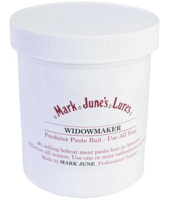 Container of Mark June's Widowmaker Paste Bait, a top-selling bobcat trapping bait in America.