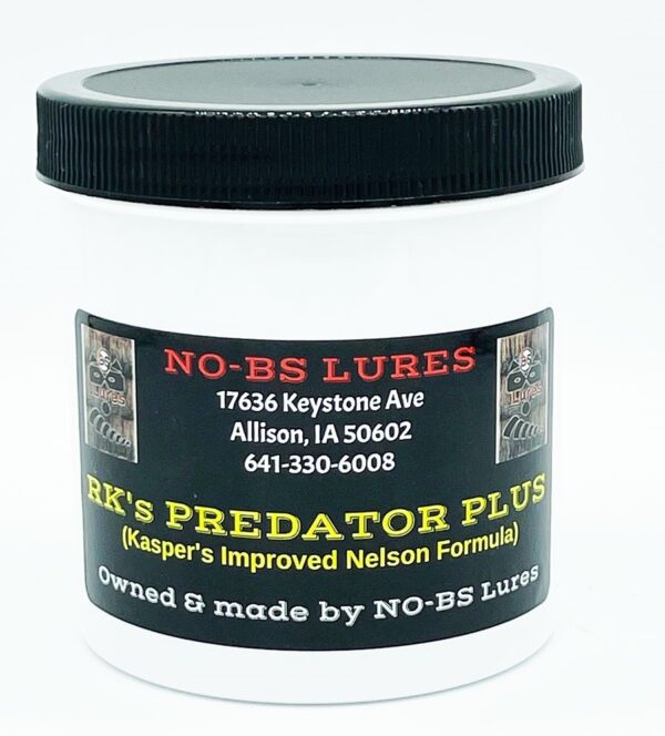 White container of RK's Predator Plus Bait Bobcat Base by NO-BS Lures with Bill Nelson bait info, address, and contact.