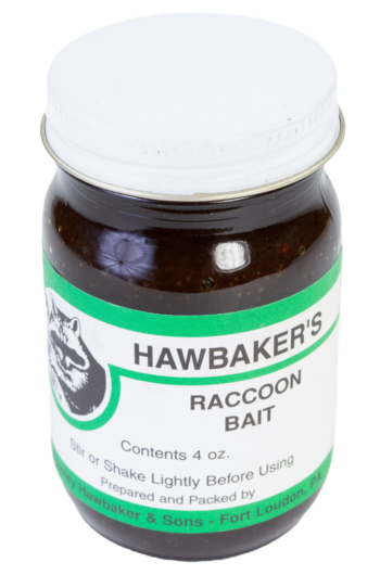 Hawbaker's Raccoon Bait, 4 oz jar with white lid, from Hawbaker & Sons, Fort Loudon, PA—ideal for trapping.