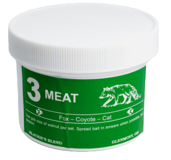 White plastic container labeled "Blackie's 3 Meat Bait," with fox illustration—perfect for baiting and includes usage instructions.