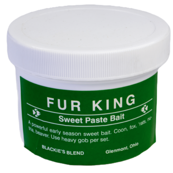 Ohio-made Blackie's Fur King Bait for raccoons, foxes, rodents & beavers with a green label.