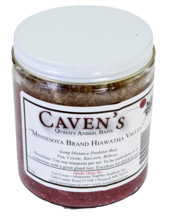 Caven's Hiawatha Valley Bait, a jar of ideal predator trapping bait for foxes and coyotes, perfect for long-distance use.