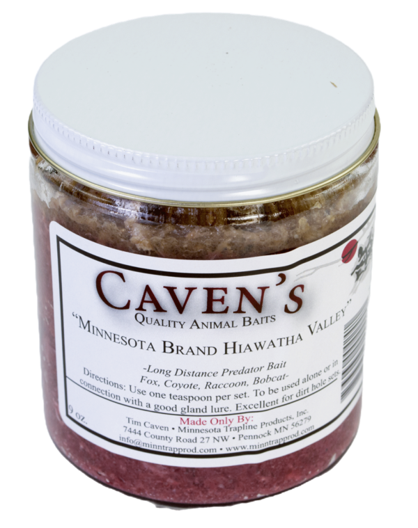 Caven's Hiawatha Valley Bait, a jar of ideal predator trapping bait for foxes and coyotes, perfect for long-distance use.