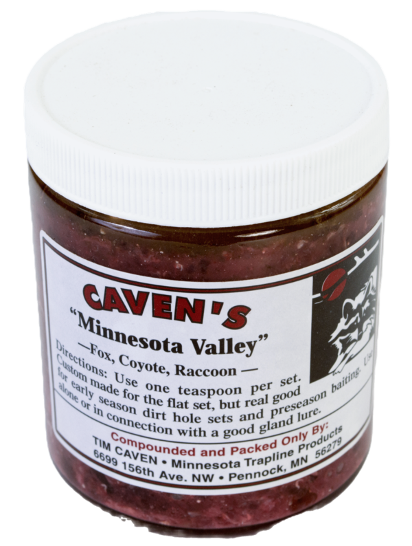 Caven's Minnesota Valley Bait jar for trapping foxes, raccoons, and more; includes usage directions on front.