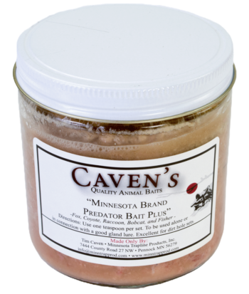 Clear jar labeled "Caven's Minnesota Brand Predator Plus Bait" showing brown trapping bait inside.