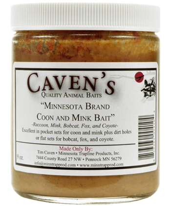 9 oz jar of Caven's Coon & Mink Bait for trapping raccoon, mink, bobcat, fox, and coyote.