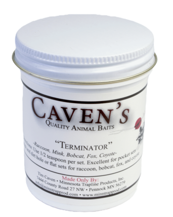 Caven's Terminator Bait jar for raccoon, mink, and fox trapping; includes a white lid with manufacturer's details.