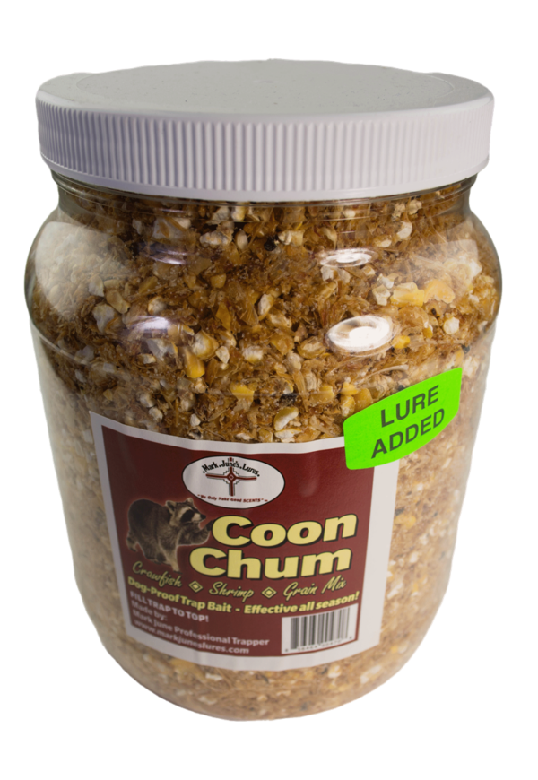 A plastic jar labeled "Mark June's Coon Chum" contains brown crumbly coon bait with a "Lure Added" sticker.