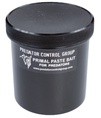 Black screw-top container labeled "PCG Primal Paste Bait," perfect for trapping predators.