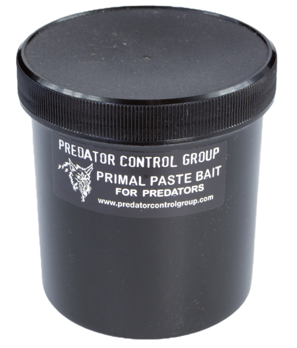 Black screw-top container labeled "PCG Primal Paste Bait," perfect for trapping predators.