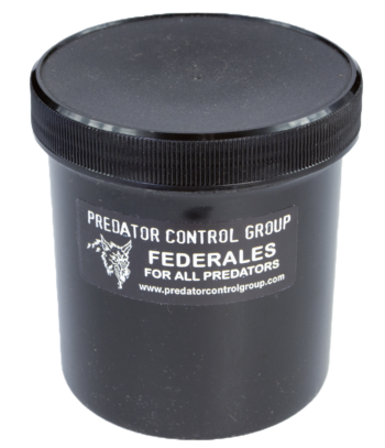 Black plastic container, PCG Federales Bait, has a screw-on lid; ideal for all predator bait trapping needs.