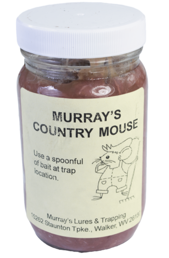 Jar of "Murray's Country Mouse Bait" for traps with illustration and instructions, perfect for ground mice.