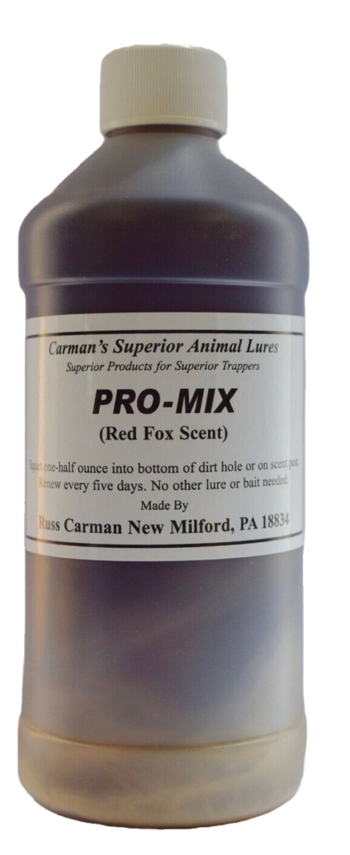 Bottle labeled "Carman's Pro-Mix Red Fox Scent 16oz." with instructions and maker details.