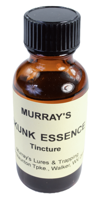 A small brown bottle of Murray's Skunk Essence Tincture is the top trapping essence from Walker, WV.