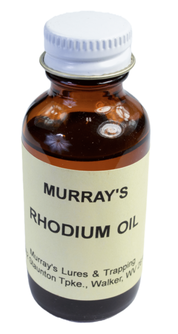 A small brown glass bottle called "Murray's Rhodium Essence Oil" with a white cap, infused with mint essence.