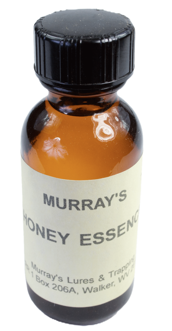 Murray's Honey Essence Oil: Small amber bottle with black cap, from Murray's Lures & Trapping Supplies, Walker, WV.