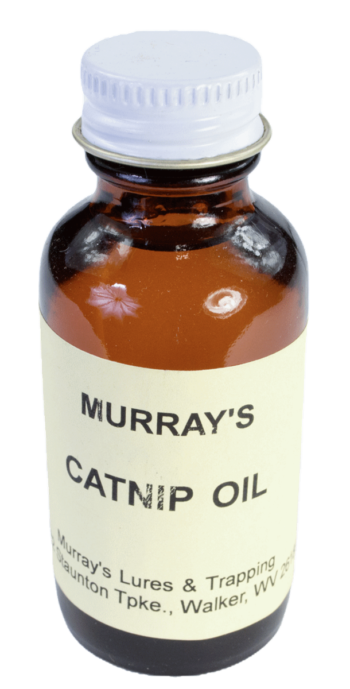 Brown glass bottle of Murray's Catnip Oil, an essential oil with a white cap, ideal for attracting cats.