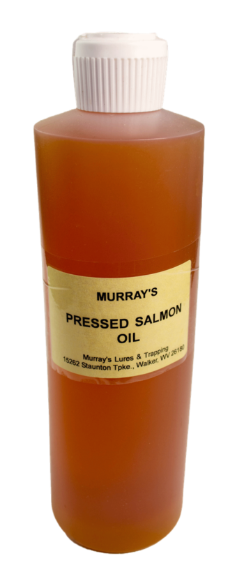 Murray's Pressed Salmon Oil in a white-capped bottle with Murray's Lures & Trapping contact info.