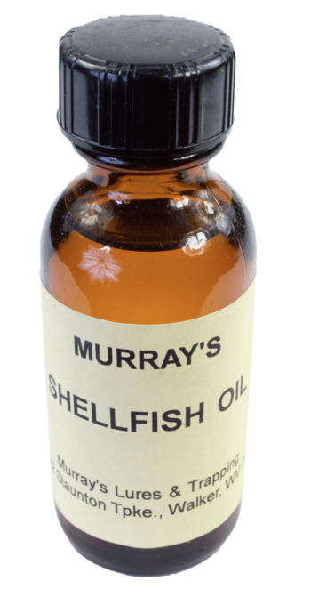 A small amber bottle labeled "Murray's Shellfish Oil" with a black cap and contact details below.