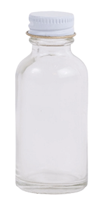 1 Ounce Boston Round Bottles with a white screw cap, standing upright.