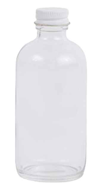 Clear 4 oz Boston Round Bottle with white screw cap, upright on plain backdrop.