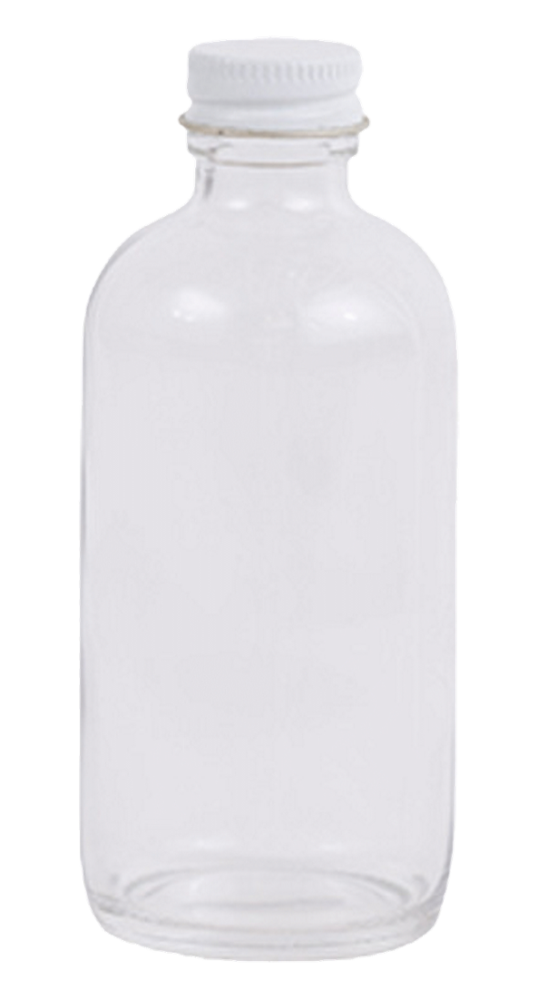 Clear 4 oz Boston Round Bottle with white screw cap, upright on plain backdrop.