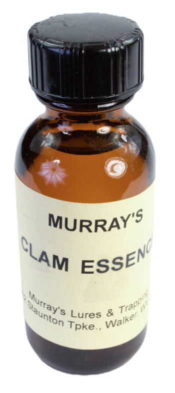 A small brown glass bottle labeled "Murray's Clam Essence Oil," including contact info for Murray's Lures & Trapping Supplies.