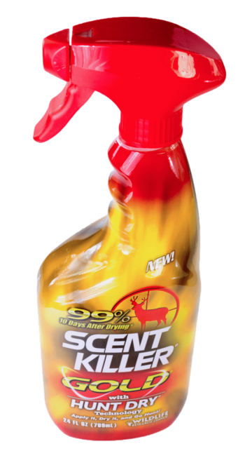 Scent Killer Gold Spray with Hunt Dry, red nozzle, yellow-orange label, 24 fl oz.