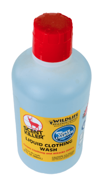 An 18 oz Scent Killer Liquid Clothing Wash bottle with a red cap, expertly eliminates odors.