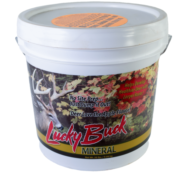 White "Lucky Buck Mineral" bucket with deer and autumn leaves design, marketed as a deer attractor.