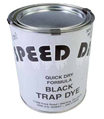 A can of "Andy Stoe's Speed Dip" Black Trap Dye displays contact info and capacity on the front.