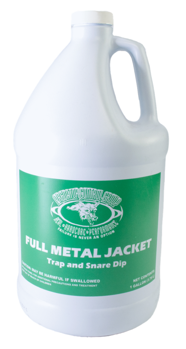 A gallon jug labeled "Full Metal Jacket Trap & Snare Dip" with trap wax graphics and green and white safety instructions.