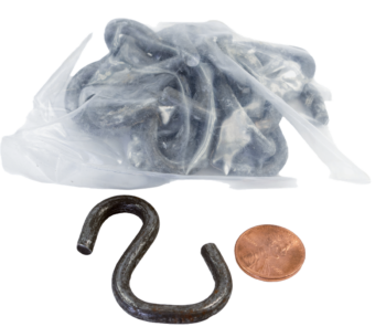 A bag of #6 S-Hooks next to one hook and a U.S. penny for scale.