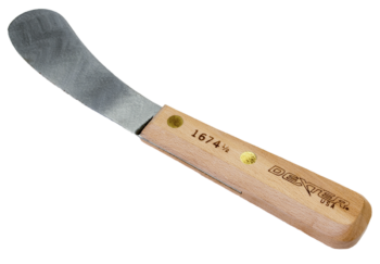 Wiebe Beaver Knife, Dexter style with wooden handle and curved metal blade for perfect butter spreading.