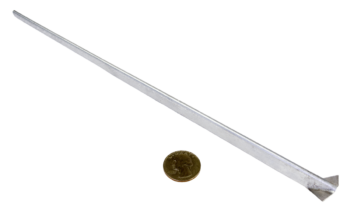 A Tail Splitting Guide, resembling a long metal nail, is placed diagonally beside a coin on a white background for size comparison.