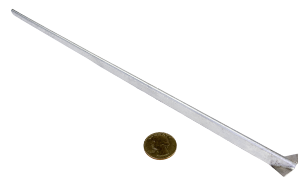 A Tail Splitting Guide, resembling a long metal nail, is placed diagonally beside a coin on a white background for size comparison.