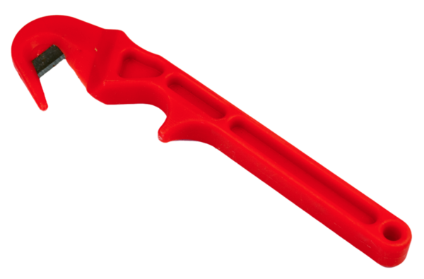 Red plastic pipe wrench with metal jaw for gripping and turning pipes, similar to Murray's E-Z Kut Tool.