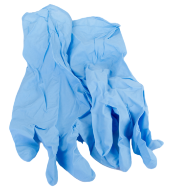 Crumpled blue nitrile gloves rest on a white background.