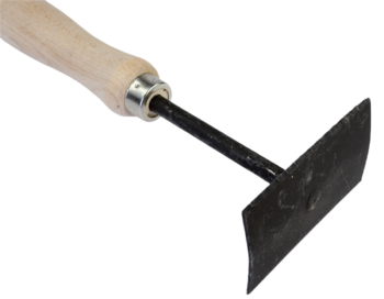 A One-Handed Serrated Pelt Scraper with a wooden handle and black metal blade.