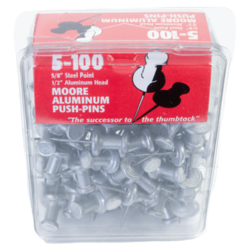 A clear plastic box of Aluminum Push Pins with 5/8" steel points, ideal for wooden stretchers.