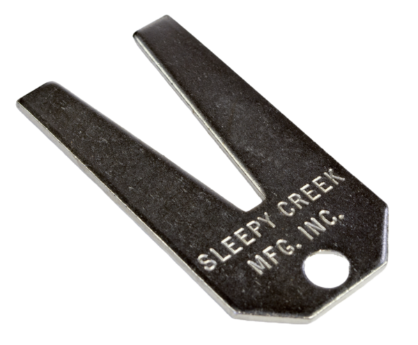 Sleepy Creek Metal Tail Puller has a split V shape, engraved logo, and a convenient hole at one end.