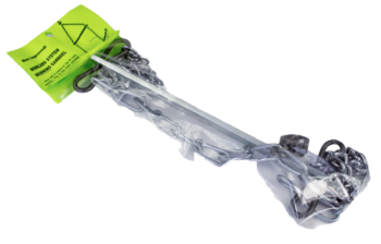 Skinning Gambrel includes chain assembly with hooks in a clear plastic wrap, labeled green with instructions.